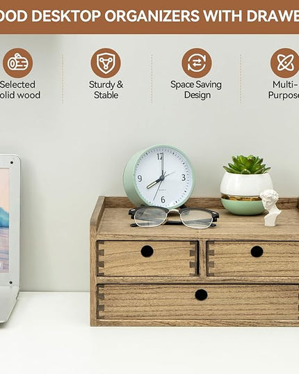KIRIGEN Desk Organizer with Drawers - Wood Drawer Storage Box with Trays for Tabletop - Workspace Office Toiletries Supplies Tool Caddy - Wooden Storage Cabinet Dark Brown（DT2D3C-DBR）