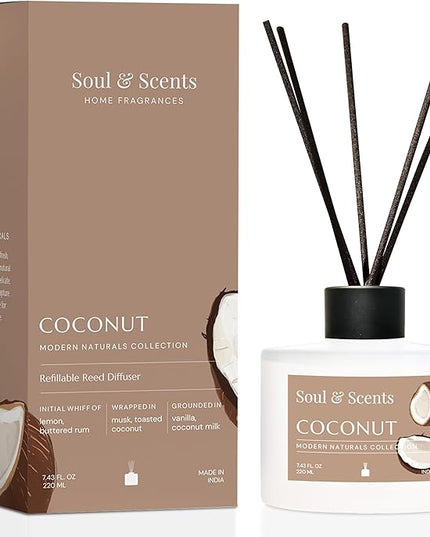 Soul & Scents Reed Diffuser Set – Coconut | 7.43 oz Refillable Scented Oil with 6 Fiber Sticks | Long-Lasting Home Fragrance & Air Freshener for Bedroom, Bathroom, Office | Gift & Décor Piece