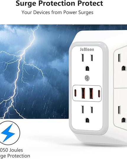 USB Wall Charger Power Strip Surge Protector with 4 USB Ports (2 USB C) Plug Extension Multiple Outlets Plug Extension Multi Outlet Plug in Adapter Spaced Outlets for Home Office Travel,White (White)
