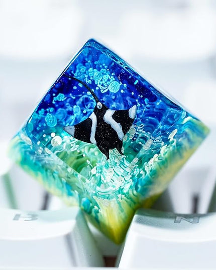 Manta Ray Artisan Keycap Light Yellow Blue Coral R1 SA Profile Custom Sea Creatures Keycaps 1U ESC Handmade Gaming Resin Key Cap Cherry MX Switch Compatible Mechanical Keyboard Manta Ray Lover Gift