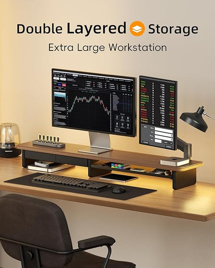 Large Dual Monitor Stand For Desk,43 Inch Desktop Computer Riser with Metal Drawer Desk Shelf Organizer For Computer/Laptop/PC/Printer/TV