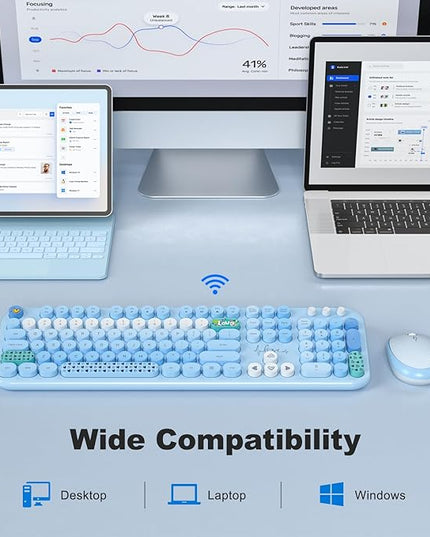 MOFII Wireless Keyboard and Mouse Combo, Full Size 2.4G Plug and Play Typewriter Retro Round Computer Keyboard and Mouse Set for Windows, Computer, Desktop, PC, Notebook - (Blue Colorful)