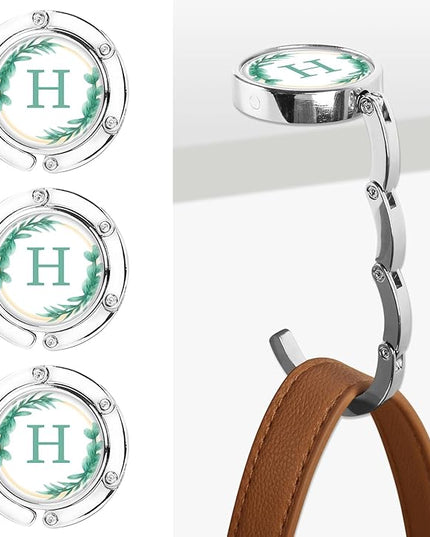 Iqimott 3pcs Personalized Initial Foldable Purse Hook for Table, Flower Letter Folding Handbag Hanger Portable Magnet Table Hook Holder, Collection Desk Purse Hooks for Women Bag (Green-H)