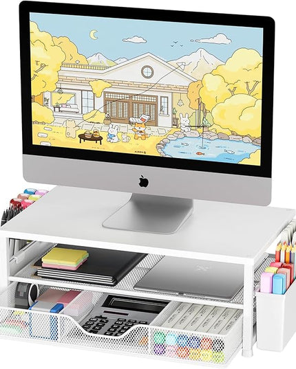 OPNICE Desk Organizers and Accessories, 2-Tier Computer Monitor Stand Riser with Drawer and 2 Pen Holders, Laptop Stand, Office Desk Accessories for Office Supplies, White Wood