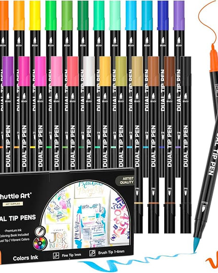 Shuttle Art Dual Tip Brush Marker Pens, 25 Colors Water-based Ink, Fine and Brush Tip Marker Set with 1 Coloring Book for Kids Adult Artist Calligraphy Hand Lettering Journal Doodling Writing