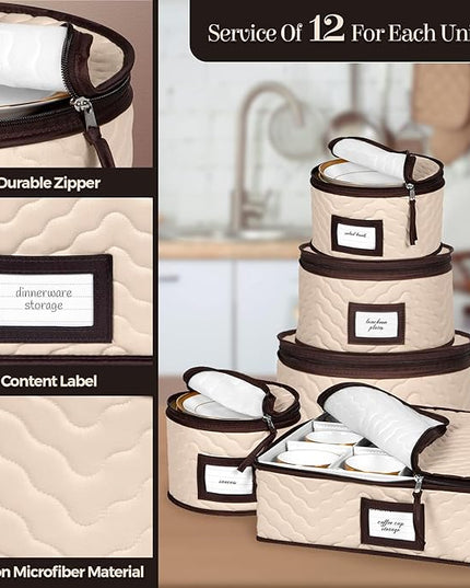 China Storage Containers 5-Piece Set Moving Boxes for Dinnerware, Glasses, Plates, Mugs and Saucers Sturdy Quilted Microfiber Dish Organizer with Dividers for Seasonal Storage - Holds Set of 12