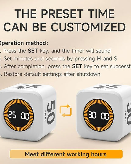 Exlliy Rotating Productivity Timer 5, 25, 10, 50 Minutes Preset, Desk Cube w/Gravity Sensor for ADHD, Mute Functions, Ideal for Work, Study, Kitchen, Back to School (1, White)