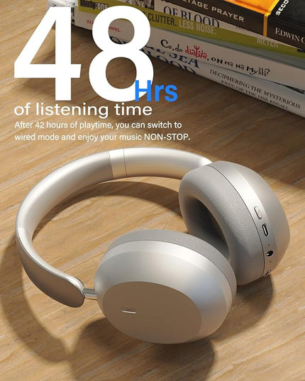 Wentronic Y05 Bluetooth Headphones Wireless Over Ear Noise Cancelling with Microphone 48 Hours Playtime, High Sound Quality Foldable Soft Earpads Headphones for Travel-Silver