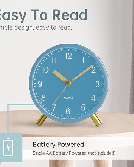 Analog Alarm Clock, 4 inch Super Silent Non Ticking Small Clock with Night Light, Battery Operated, Simple Design, easy setting for Office, Bedroom, Bedside, Desk, teens, elders, kids, adult, Skyblue