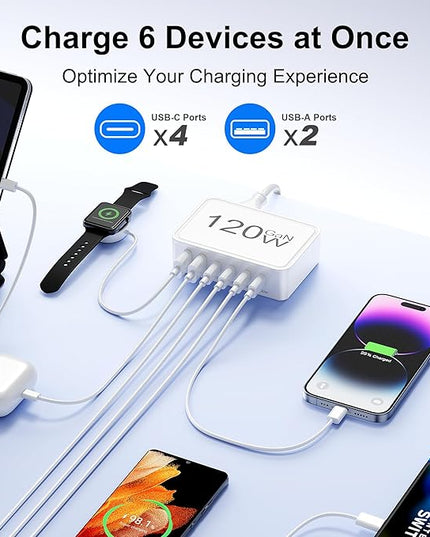USB C Charger Block, 120W 6 Port USB Charging Station for Multiple Devices, Multi Type C Fast Charging Hub for iPhone 17 16 15 14 Pro Max ipad Samsung Galaxy, Perfect for Travel Home Office, White