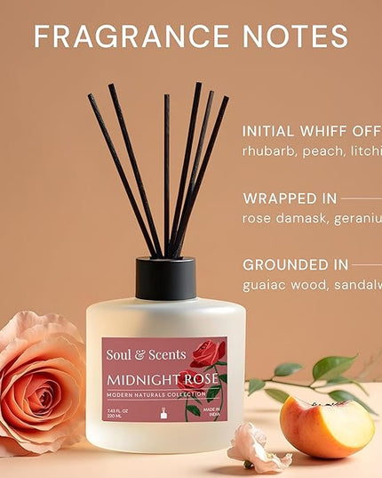 Soul & Scents Reed Diffuser Set – Midnight Rose | 7.43 oz Refillable Scented Oil with 6 Fiber Sticks | Long-Lasting Home Fragrance & Air Freshener for Bedroom, Bathroom, Office | Gift & Décor Piece