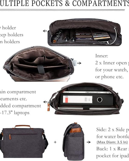 ESTARER Laptop Messenger Bag 17-17.3 Inch Water-resistant Canvas Shoulder Bag for Work College, Grey