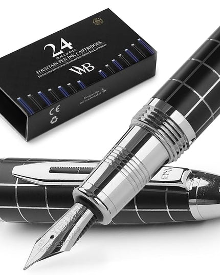 Wordsworth & Black Majesti Fountain Pen-(Checked), Luxury Case, Chrome Finish; Extra Fine Nib- Ink Cartridges, Refillable Ink Converter-Calligraphy Pen-Best Business Gift Set for Men & Women