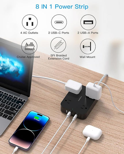 Black Flat Plug Extension Cord, HANYCONY 5ft Power Strip with 4 USB Ports(2 USB C), 4 Widely Outlets Extender, Wall Mount, Desk Charging Station for Office, School, Travel and Dorm Room Essentials