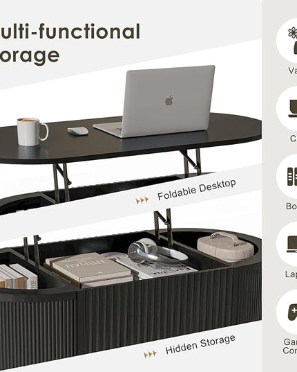 LYNCOHOME Fluted Lift Top Coffee Table with Storage,Modern Oval Coffee Table for Living Room or Home Office(Black)