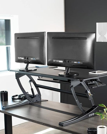 VIVO 42 inch Height Adjustable Stand Up Desk Converter, V Series, Quick Sit to Stand Tabletop Dual Monitor Riser Workstation, Black, DESK-V000VL