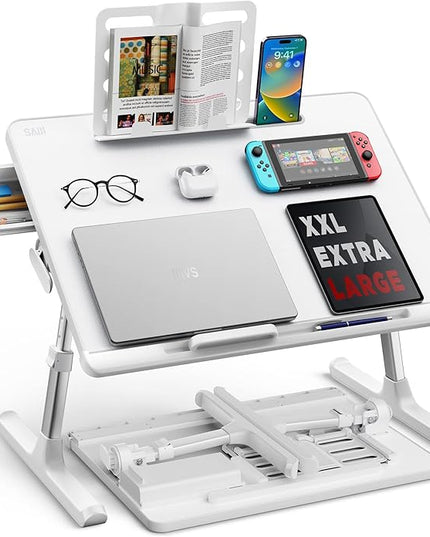 Laptop Bed Tray Table, SAIJI Adjustable Bed Desk for Laptop, Foldable Laptop Stand with Storage Drawer for Eating, Working, Writing, Gaming, Drawing (White, X-Large)