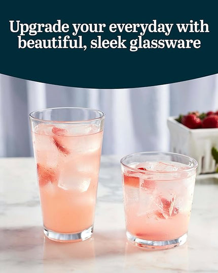 Libbey Flare Rocks, Glass Tumbler Set, Stylish Lead-Free Drinking Glasses Set of 16, Dishwasher-Safe Glass Cups Set for Daily Use and Parties