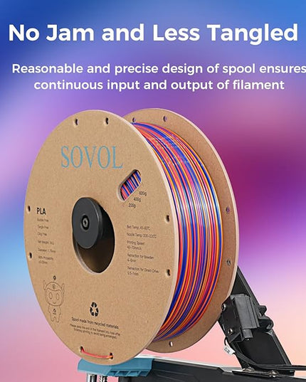 Sovol Silk PLA Filament Rotated Tri Color Co-Extrusion 1.75mm, Fast Change 3D Printer Filament 1kg/ 2.2lbs, Red Gold Blue 3 in 1 Coextrusion PLA Material +/-0.03mm