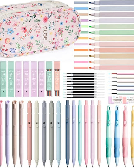 65PCS Aesthetic School Supplies with Cute Pencil Case, Pastel Highlighters Gel Pens Mechanical Pencils Set 0.5 0.7 & 2.0mm, Office Back to School Supplies College Essentials Kit Student Stationary Set