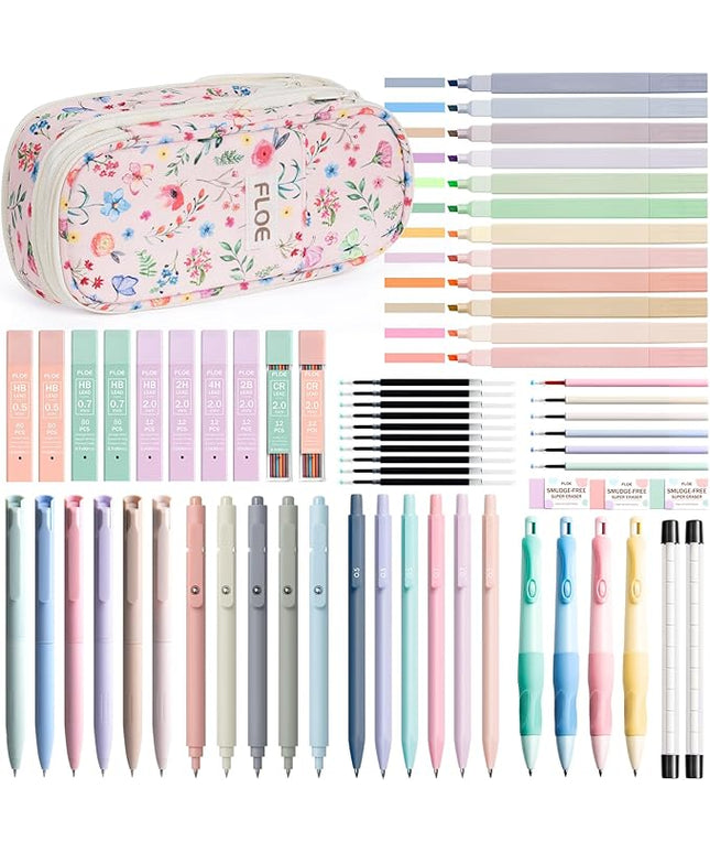 65PCS Aesthetic School Supplies with Cute Pencil Case, Pastel Highlighters Gel Pens Mechanical Pencils Set 0.5 0.7 & 2.0mm, Office Back to School Supplies College Essentials Kit Student Stationary Set