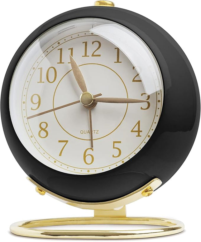 SHISEDECO Small Tableclocks Classic Non-Ticking Tabletop Alarm Clock with Backlight, Battery Operated Astronaut Deskclock with HD Glass for Living Room Bedroom Bedside Indoor Decor (Black Gold)
