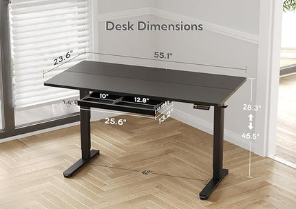 Claiks Standing Desk with Drawers, 55x24 Inch Electric Adjustable Height Stand Up Desk Computer Workstation, Black