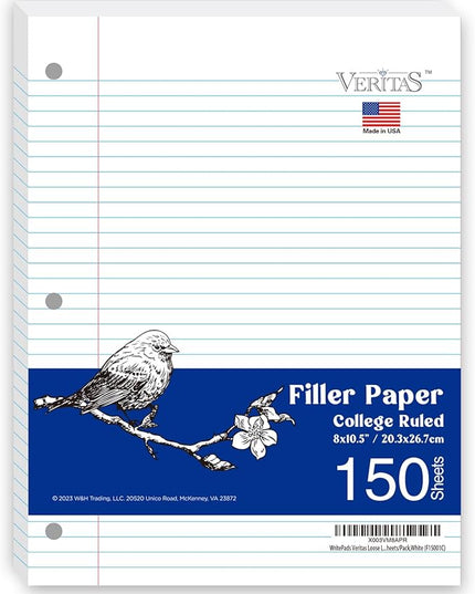 WritePads Loose Leaf Notebook Paper, 8"x10-1/2" College Ruled Lined Paper, 3 Hole Punched For 3 Ring Binder, 150 Sheets/Pack, 24PK Per Carton, 3600 Sheets, Made In USA