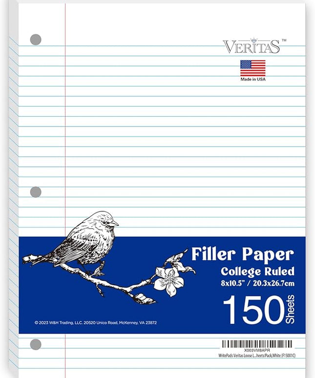 WritePads Loose Leaf Notebook Paper, 8"x10-1/2" College Ruled Lined Paper, 3 Hole Punched For 3 Ring Binder, 150 Sheets/Pack, 24PK Per Carton, 3600 Sheets, Made In USA
