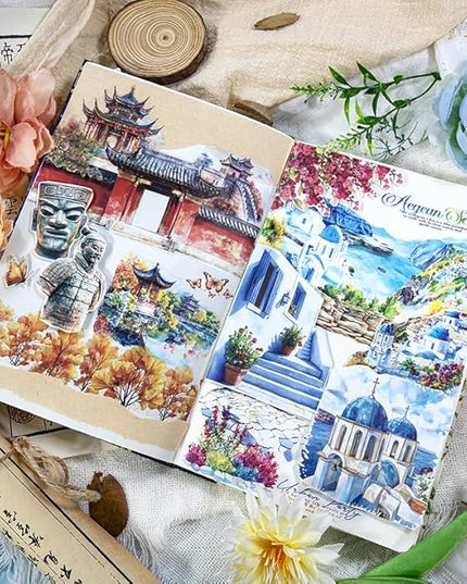 Dwpetzo Travel Scenery Scrapbook Stickers for Scrapbooking, Precut Landmark PET Washi Sticker Book for Journaling, Junk Journals Supplies, Planner, Crafts Arts, A5, 20 Sheets
