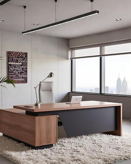 Retractable L-Shaped Executive Desk, Modern Office Desk with Drawers and Lateral File Cabinet, Large Computer Desk with Storage Shelves, Workstation for Home Office (Right Return, 86.6 - 94.5 IN)