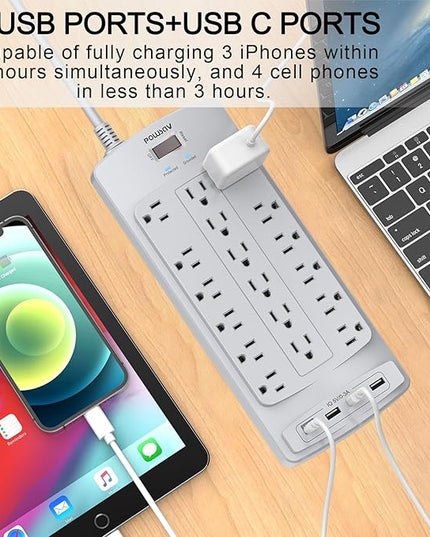 18 Outlets Surge Protector Power Strip - 10 Feet Flat Plug Heavy Duty Extension Cord with 18 Widely Outlets and 4 USB Ports, 2100 Joules, Grey, ETL Listed