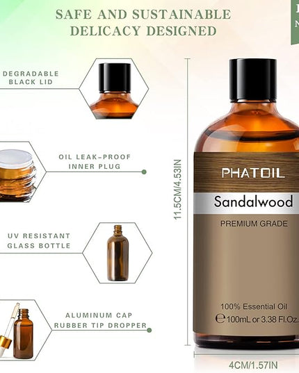PHATOIL 100ML Sandalwood Essential Oil, Pure Aromatherapy Essential Oils for Diffuser, Humidifier, Relax, Scented Oils for Soap, Candle Making, Huge 3.38fl.oz Bottle