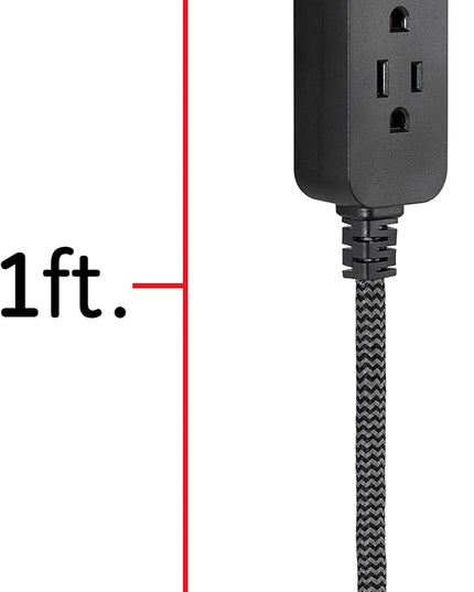 GE 3-Outlet Power Strip Mini Extension Cord with Multiple Outlets 5 Inch Braided Short Cord Extension Cord Grounded Flat Plug Extension Cord ETL Listed 2 Pack Black 53240