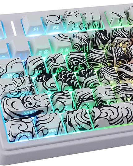 Tsungup PBT Keycaps,138 Keys Custom Cool Dragon Pattern Side Printed Keycaps,Cherry Profile Key Caps Keyboard Keycap Set for 60% 65% 75% 80% 100% MX Switches Mechanical Keyboard(White)