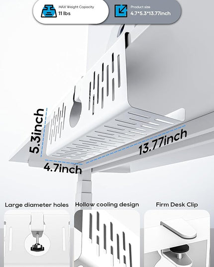 NODOCA No Drill Under Desk Cable Management Tray, 14'' Wire Management, Punch-Free Clamp on, Metal Cable Tray, Wire Organizer, Under Desk Basket for Office and Home, White