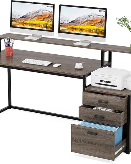 Tribesigns 63 Inch Computer Desk with File Drawer Cabinet, Ergonomic Office Desk with Monitor Stand, Industrial Computer Table with Printer Space, Wood PC Table Workstation Desk for Home Office