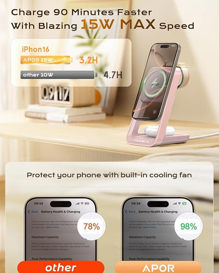 3 in 1 Charging Station for iPhone, Magsafe Wireless Charger with Cooling Fan for iPhone 17 16e 16 15 14 13 12 Series & Apple Watch Charger, Wireless Charging Station for AirPods 4/3/Pro (Pink)