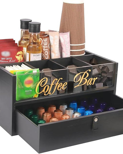 Intarsio 2-Tier Coffee Bar Organizer with Clear Acrylic Top, Built-in Drawer and Leather Handle Pull for Countertop, Stylish Coffee Station Storage Box for Accessories, Pods, Great Gifts for Home