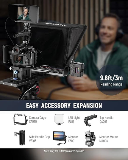 Neewer Teleprompter X14 III with RT113 Remote/App Control, 45° Tilt 14" Beamsplitter All Metal Frame Upgraded Camera Mount QR Plate Compatible with Manfrotto 501PL for iPhone iPad DSLR, Assembly Free