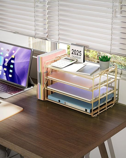 gianotter 4-Tier Paper Organizer With Magazine Holder, Desk Organizers and Accessories, Desk Accessories & Workspace Organizers, File Organizer for Office Supplies Storag (Gold, 4-Tier)
