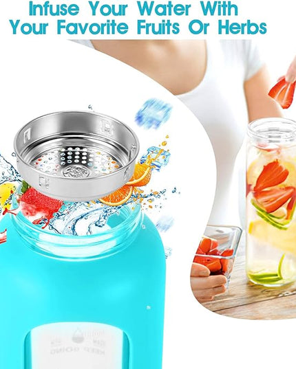 32 oz Glass Water Bottle with Straw - Motivational Time Marker & Silicone Sleeve - Reusable Tumbler Includes 2 Bamboo Lids & Fruit Infuser - 1 Pack