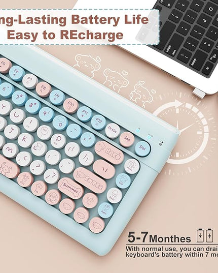 Wireless Bluetooth Keyboard for iPads Tablet Mac PC Laptop Desktop Smart Phone,Cute Typewriter Style Computer Keyboard with Round Raised Keys,Colorful Mini iPad Keyboard for Kids Girl Women-Cream Blue