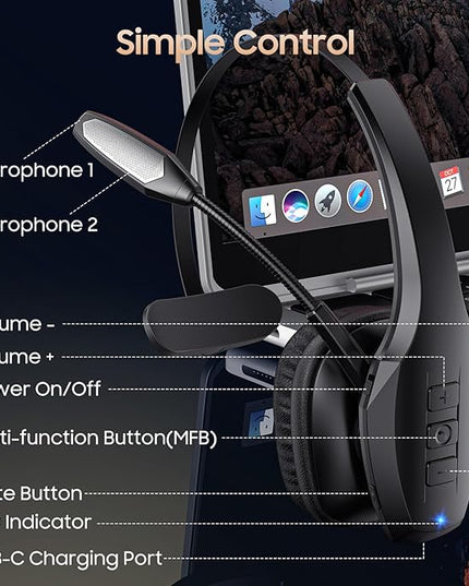 Trucker Bluetooth Headset, Wireless Headset with Mic, Bluetooth Headsets with Dual Noise Cancelling Microphone & Mute Button, 55Hrs Working Time PC Headsets for Cell Phones, Computer, Truck Driver