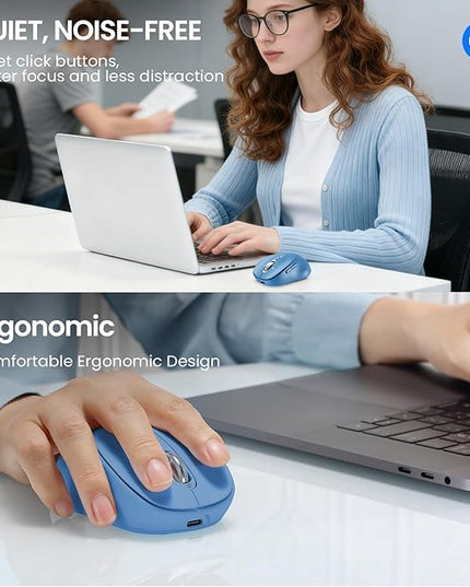 Wireless Bluetooth Mouse Rechargeable,USB+BT×2,Multi Device Quiet Ergo Computer Mouses,Metal 4-Way Super Scrolling,± 3200 DPI,10 Button,Plug&Play,Cordless Mice for Laptop,Tablet,Mac,iPad,PC,Phone-Blue