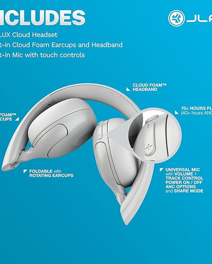 JLab Go Lux ANC Wireless Headphones, Cloud White, Hybrid Active Noise Cancelling, Premium On-Ear Bluetooth Headset, Customizable Sound, Be Aware Mode, Cloud Foam Comfort, Multipoint Connection