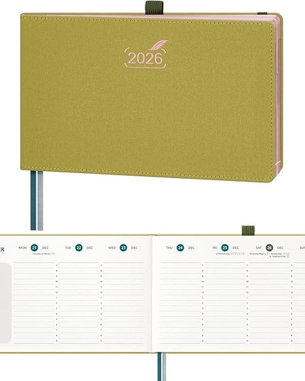 BEZEND 2026 Planner Weekly and Monthly (9" x 5.5") Calendar Book with Daily Vertical Timeslot & Note (Jan-Dec), Equal Space Even Weekends, Work Home Women, PU Leather Hardcover - Mustard
