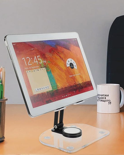 VERDANVERSE Adjustable Acrylic Folding Tablet and Phone Stand for Desk, 360° Rotatable Holder Compatible with Ipad and Laptop, Black, Suitable for Home and Office Use