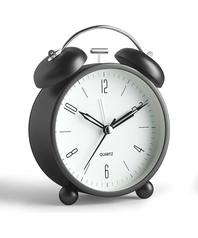Twin Bell Loud Alarm Analog Alarm Clock, 4 inch Super Silent Non Ticking Small Clock with Night Light, Battery Operated, Simple Design, Old Fashioned, for Heavy Sleeper, Bedroom, Bedside, Desk, Black