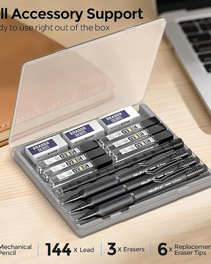 Nicpro 0.7 mm Mechanical Pencil Set with Case, 3PCS HD1000 Mechanical Pencils 0.7 With 6 Tube HB Lead Refills, Eraser, Weatherproof Barrel for Outdoor Writing Drafting Drawing Sketching